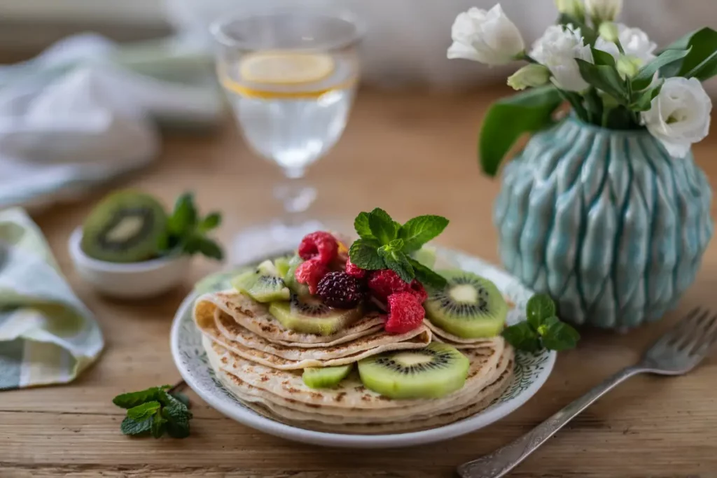 crêpes légères vapeur, ingrédients sains, assiette healthy