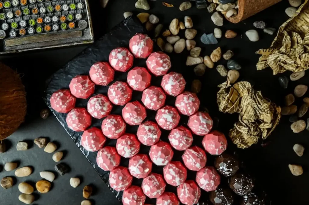 Top view pink chocolates on a stand with stones