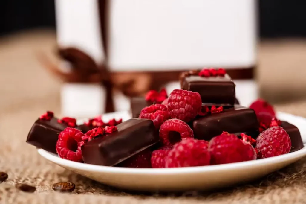 Chocolate candies and raspberry on white plate on sackcloth.