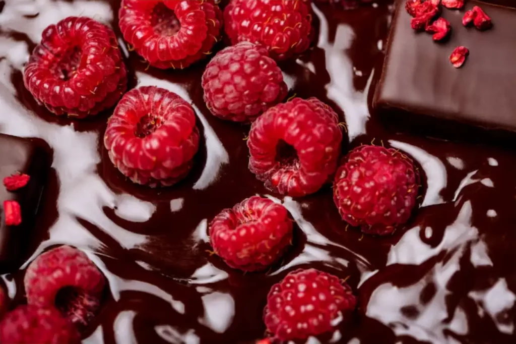 Candies and raspberry in hot chocolate.
