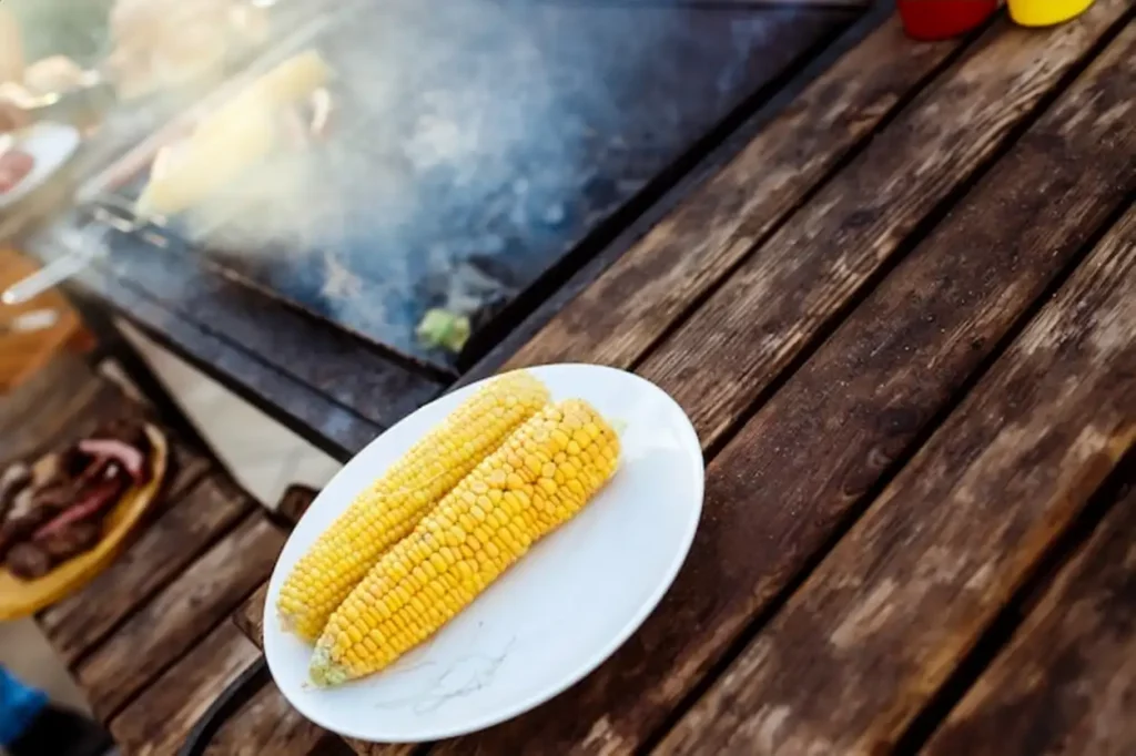 Barbecue grill party. Tasty corn on white plate.